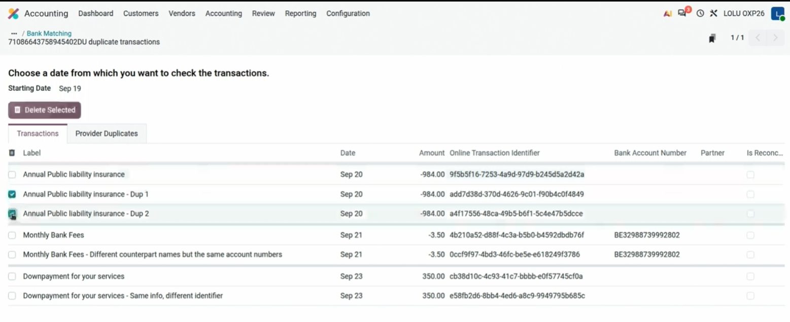 Eliminar transacciones duplicadas del extracto en Odoo 20