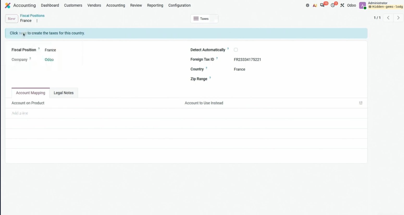 Aviso para instalar los impuestos de otro país en Odoo 20