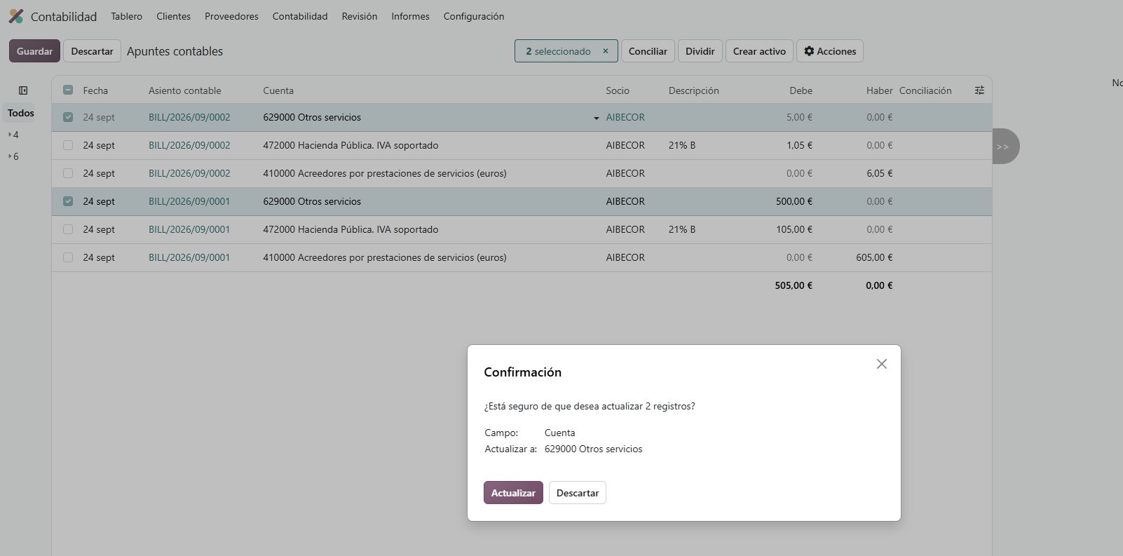 Edición masiva de cuentas contables desde apuntes