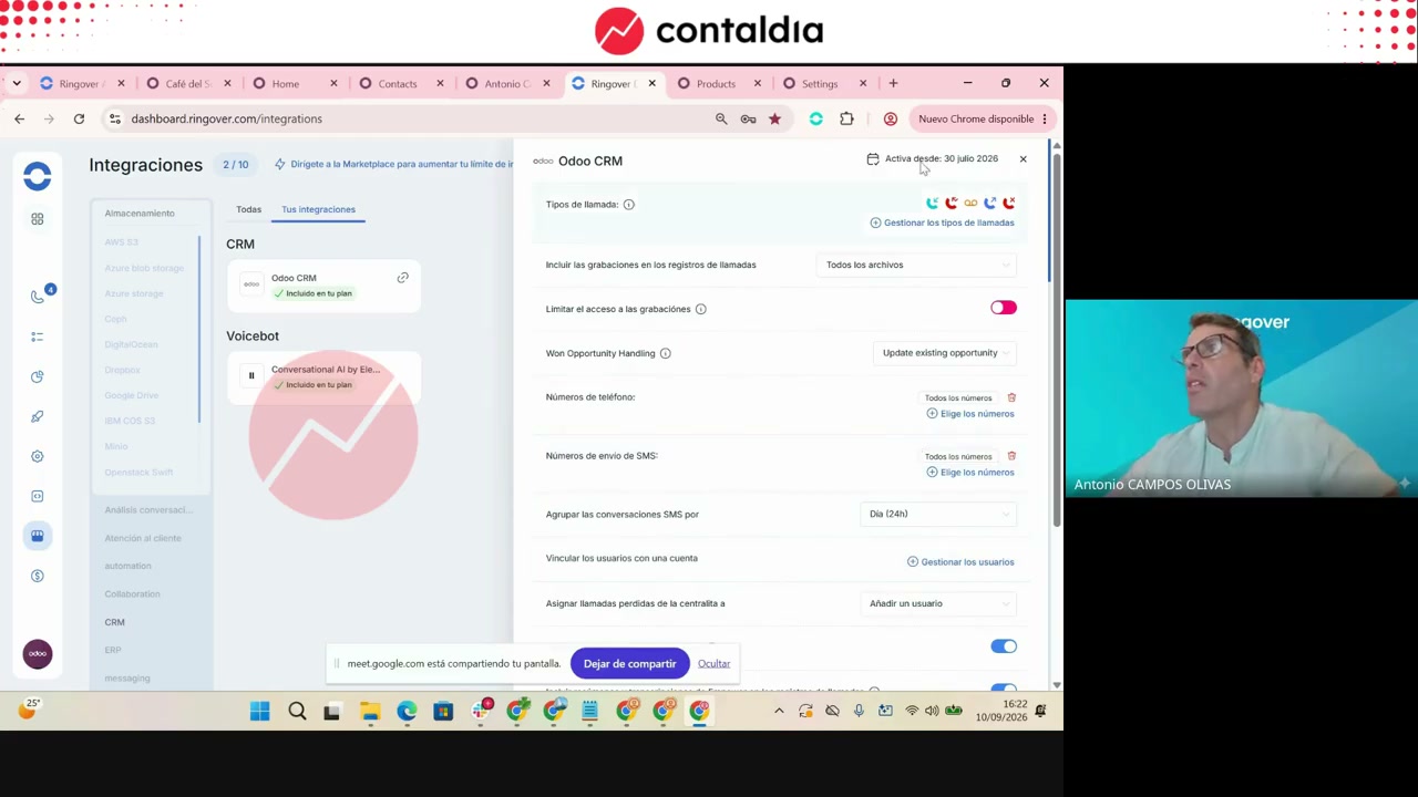 Interruptores de la integración Ringover: entrantes, perdidas, salientes, grabaciones y resumen