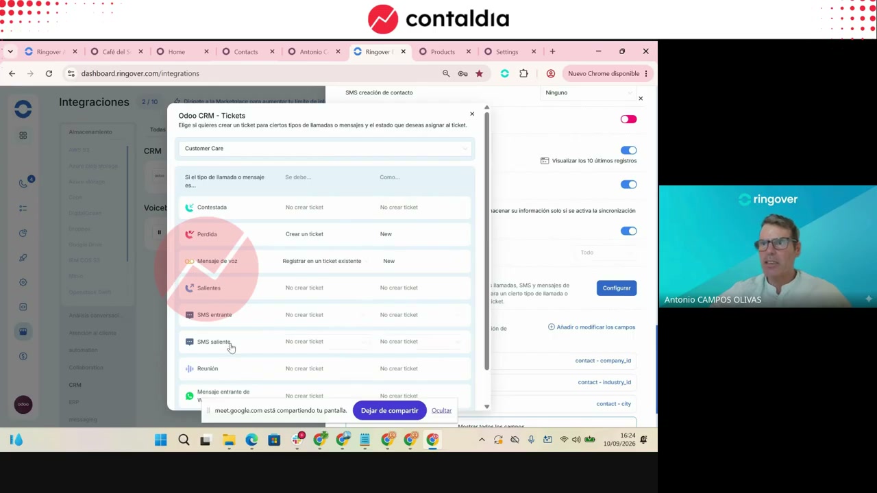 Tickets Desk: canales voz, SMS y WhatsApp; llamada contestada crea ticket en Nuevo