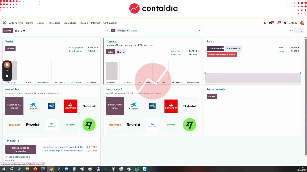 Tablero de banco en Odoo con saldo actual