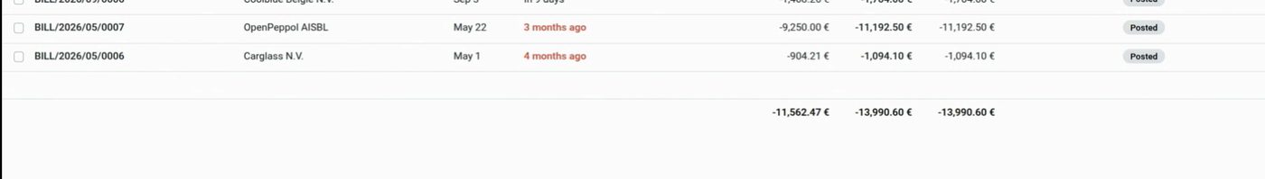 Facturas de proveedor publicadas en Odoo 20