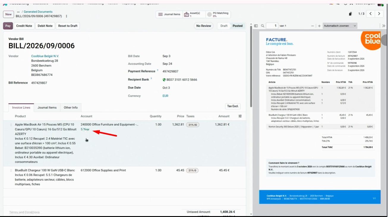 Crear activo desde la factura de proveedor en Odoo 20