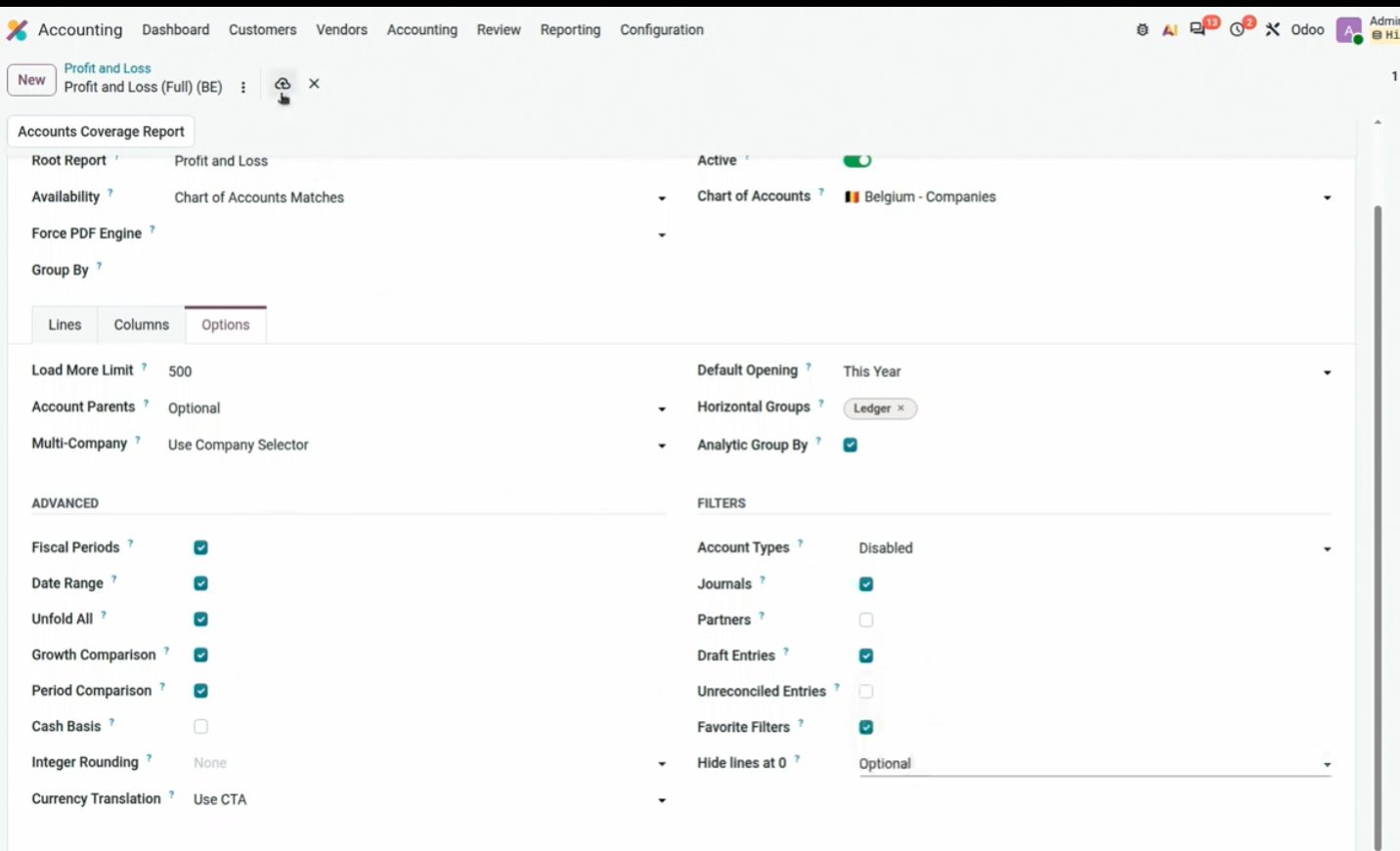 Ficha de configuración del informe PyG en Odoo 20