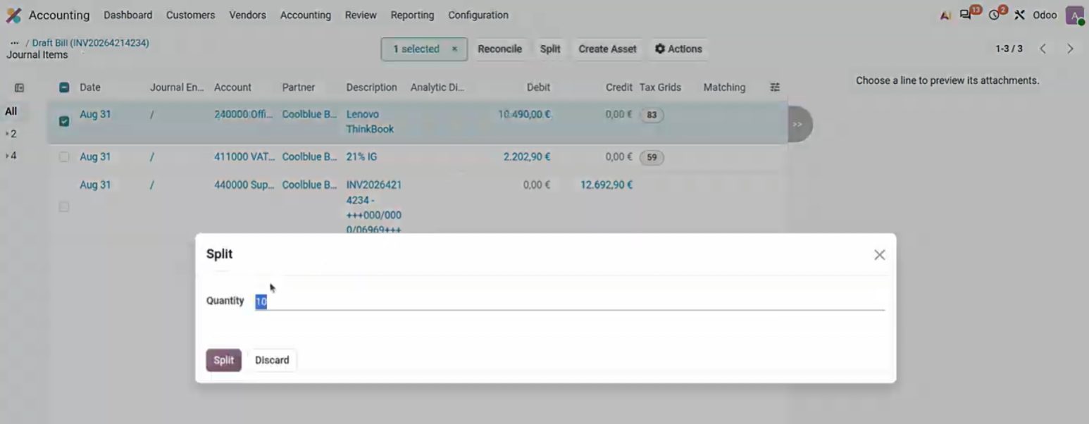 Asistente Split de apuntes en Odoo 20