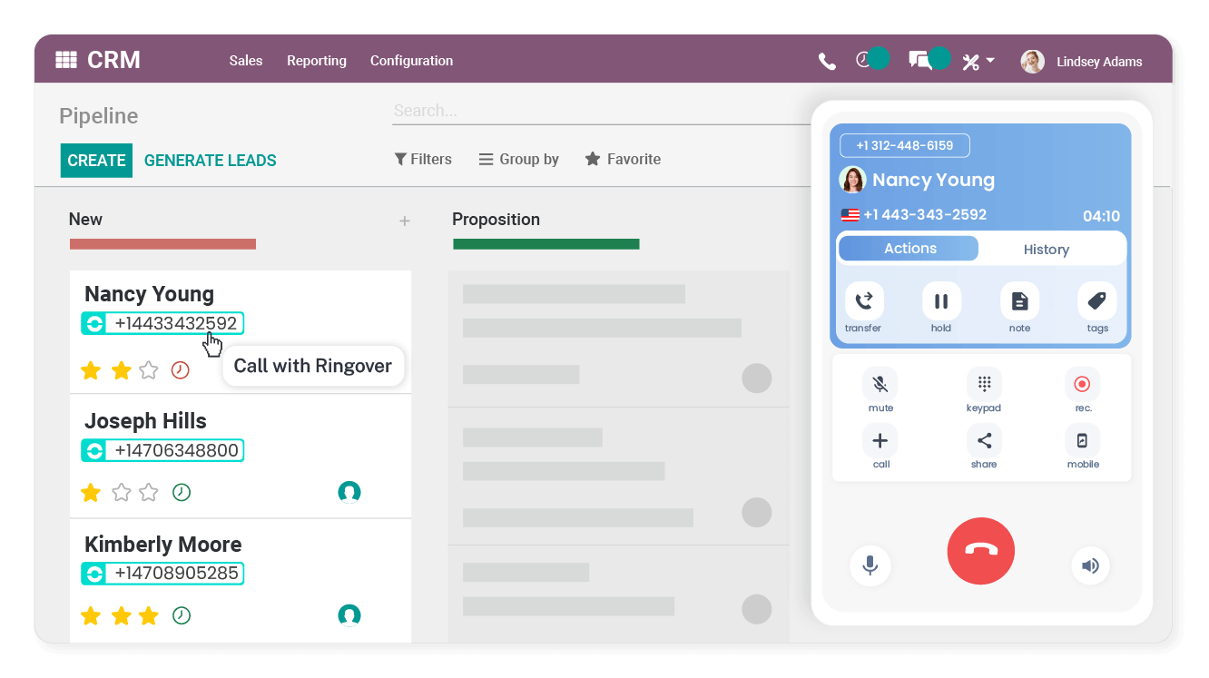 Odoo CRM con el dialer de Ringover para llamar desde una oportunidad