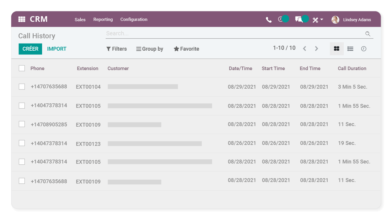Historial de llamadas de Ringover registrado en Odoo CRM