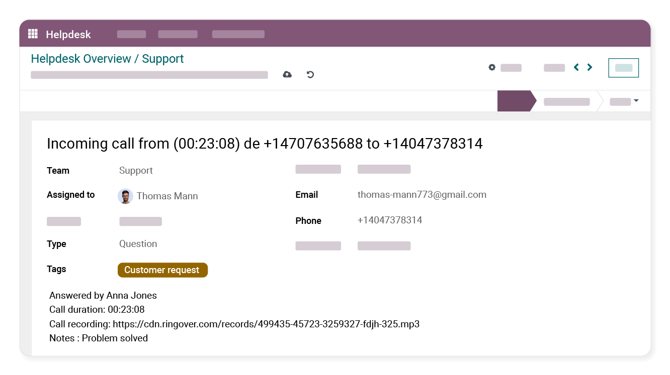 Ticket de Odoo Helpdesk creado desde una llamada de Ringover