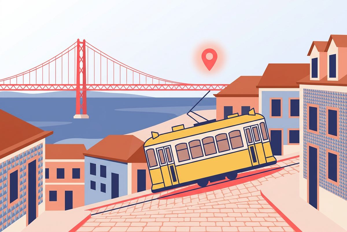 Lisboa: tranvía amarillo y puente sobre el Tajo, con un marcador de ubicación