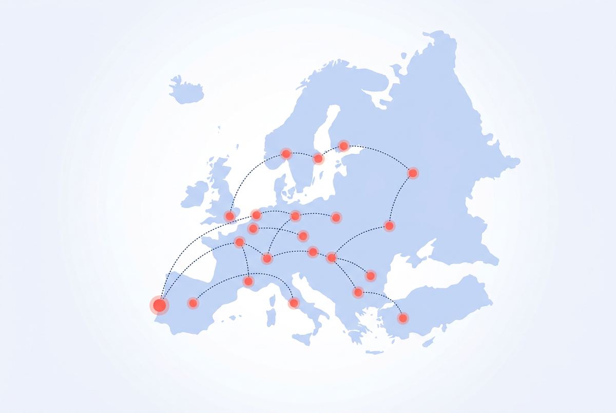 Mapa estilizado de Europa con una red de puntos conectados